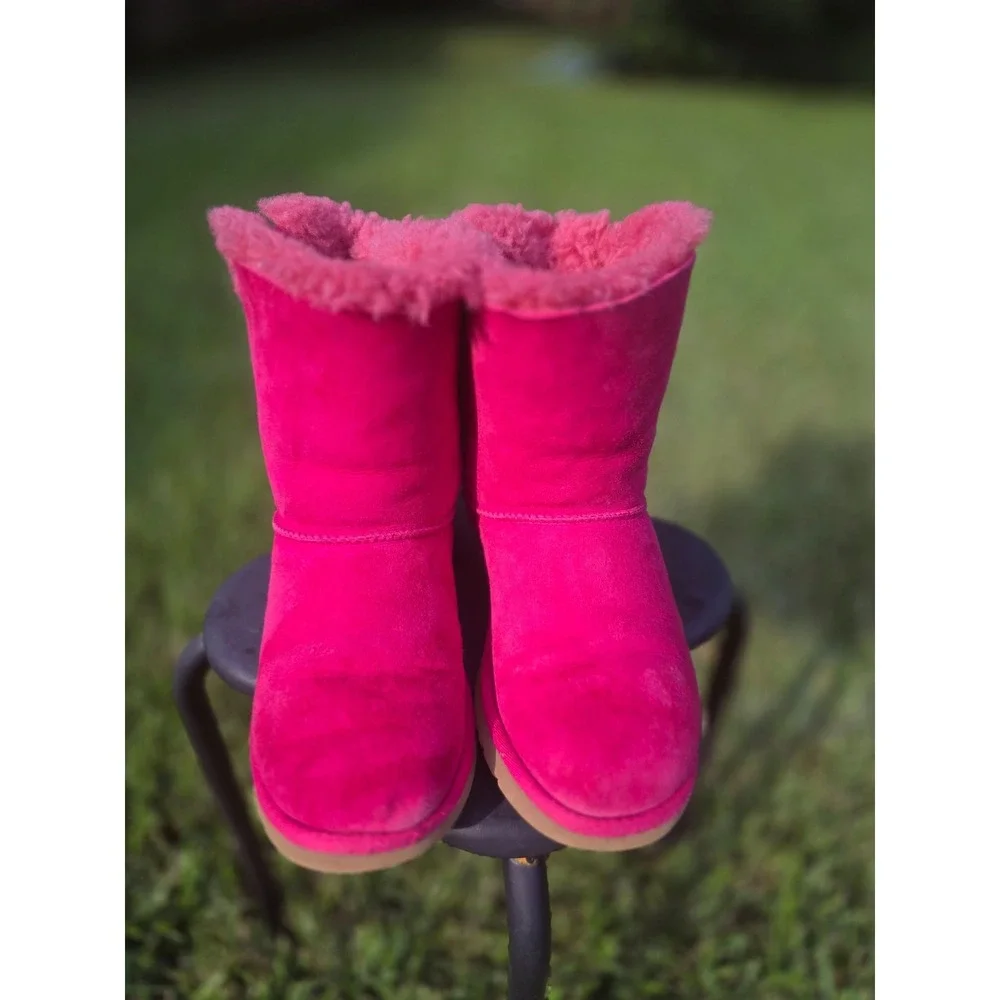 UGG Kids Bailey Bow II Pink Suede Shearling Boots Girls